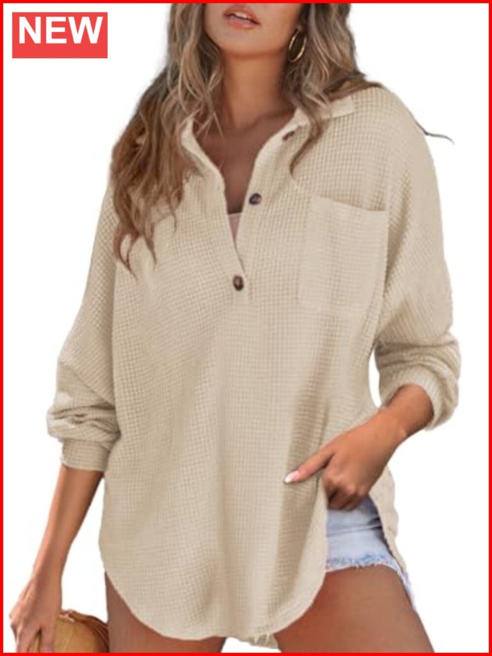 Waffle Knit Henley Top Oversized Tunic Button Down Long Sleeve